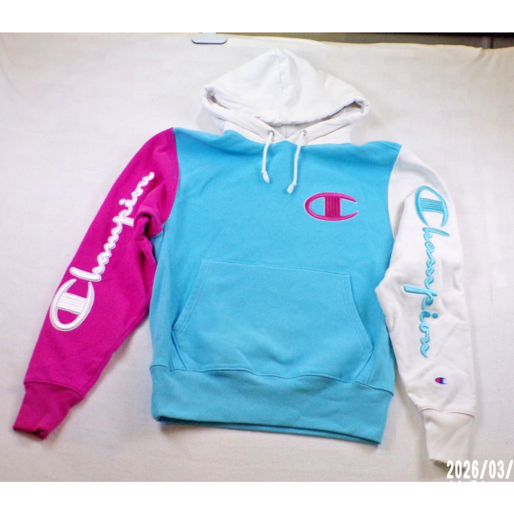 Champion Reverse Weave Hoodie Small Colorblock Blue Pink White Y2K Vibe Heavy